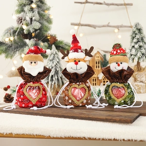 Christmas Drawstring Gift Bag With Transparent Heart Window Plush Santa Snowman Reindeer Holiday Candy Packaging Party Favor