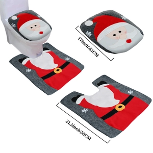 Three-piece Santa Claus themed bathroom set with grey felt toilet cover and mats