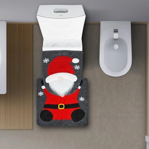 Christmas toilet cover set with red gnome motif and grey floor mat for holiday decoration