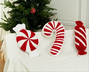 Dreiteiliges Weihnachts-Süßigkeiten-Plüschkissen-Set mit rot-weißer Teddy-Samt-Textur