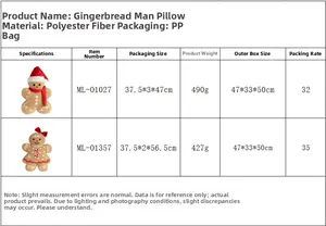 Detailed size and material chart for gingerbread man plush pillows with festive design