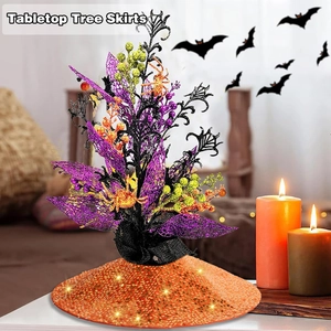 Halloween Tisch-Baumdecke mit orangefarbenen Pailletten, lila Blättern und Ästen