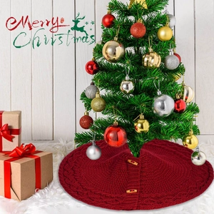 Classic deep red cable knit Christmas tree skirt with wooden toggles for holiday decor