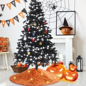 Schwarzer Halloween-Weihnachtsbaum mit orangefarbener Glitzer-Decke, LEDs und Ornamenten