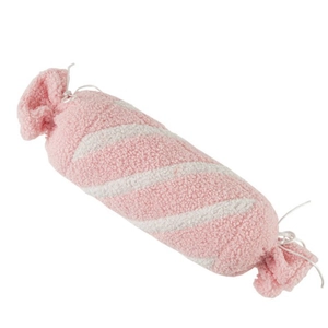Cojín de felpa con forma de caramelo a rayas rosas y blancas de suave forro polar sherpa