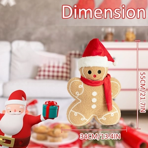 Detailed dimensions of the plush gingerbread man pillow with holiday hat and scarf