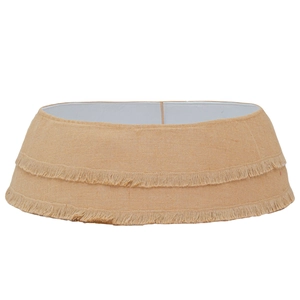 Rustic burlap Christmas tree collar with double-layered fringe on a white background