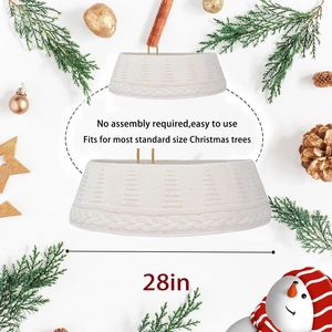 White cable knit Christmas tree skirt 28 inch with festive rustic holiday decorations