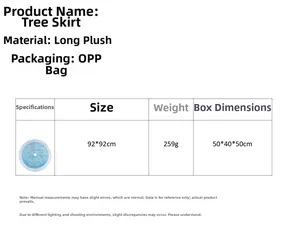 Specifications of blue plush Christmas tree skirt with 92x92cm size and 259g weight