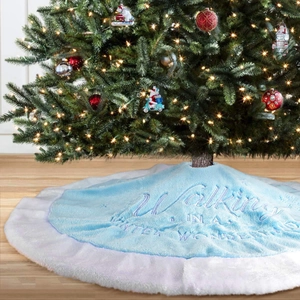 Light Blue Christmas Tree Skirt With White Faux Fur Trim Snowflake Embroidery Mat For Xmas Holiday Home Party Decoration