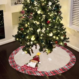 36-inch burlap Christmas tree skirt with red-green plaid border and Santa HO! HO! HO! design