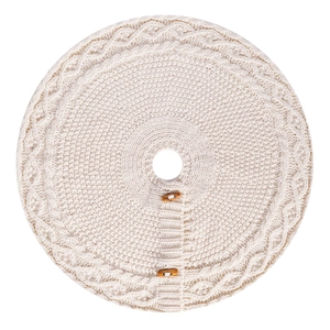 Classic white cable knit Christmas tree skirt with decorative brown wooden buttons