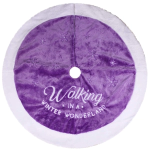 Gonna per albero di Natale in peluche viola con ricamo bianco winter wonderland e fiocchi