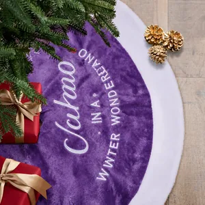 Jupe de sapin de Noël violette en fausse fourrure avec texte festif blanc et bordure douce
