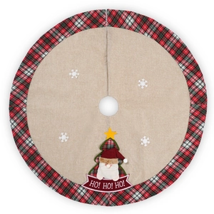 Detail of 36-inch burlap Christmas tree skirt with plaid border and Santa snowflake appliques