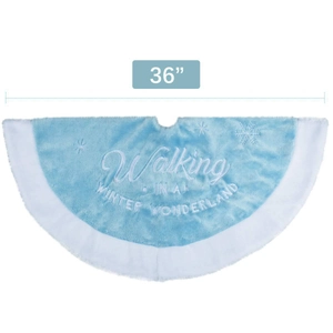 36-inch sky blue Christmas tree skirt with white faux fur trim and snowflake embroidery