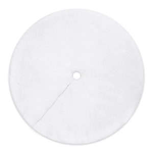 White faux fur Christmas tree skirt with soft plush texture and a round opening design