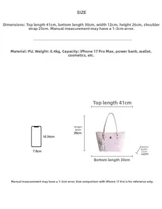 Detailed size chart for pink cartoon tote bag with PU material and storage dimensions