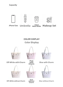 Detail view of cartoon print tote bag storage capacity for phone, umbrella and cosmetics
