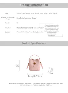 Pink PU bucket bag dimensions diagram showing 15x13x15cm size and adjustable strap