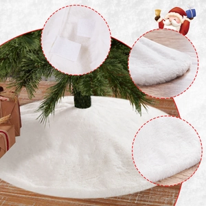Detailed view of white faux fur Christmas tree skirt with secure magic tape fastener