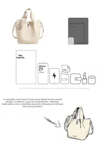 Detail view of large capacity beige bucket bag with printed silk scarf handle decoration