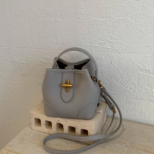Detail of grey bucket bag with lychee grain leather and golden T-shaped twist lock