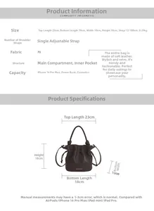 Tableau des tailles détaillé pour sac seau en cuir PU marron avec dimensions et sangle