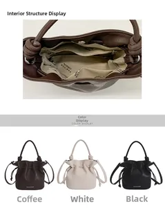Vue détaillée de l'intérieur du sac seau à cordon et des trois couleurs disponibles