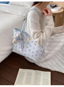 Detail of light blue floral tote bag with cute bear print and plush bear pendant accessory