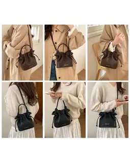 Collage of model wearing minimalist drawstring bucket bag in brown and black leather