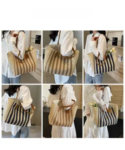 Detailed views of striped straw tote bags with leather handles on model