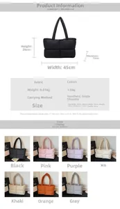 Detailed size chart and multi-color view of a large quilted puffer tote shoulder bag