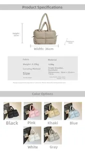 Detailed sizing chart and color guide for a quilted down tote bag with dual handles