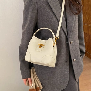 Close-up of cream bucket bag with lychee texture and vintage gold T-lock fastener