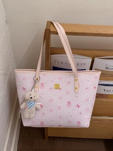 Women Sweet Cartoon Print Tote Bag Large Capacity PU Leather Shoulder Bag With Plush Bear Pendant Fashion Casual Handbag