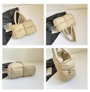 Detailed views of beige quilted tote bag showing front, back, bottom and side opening
