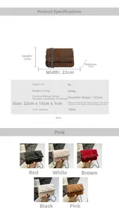 Detailed dimensions and specifications of the rivet chain shoulder bag with five color options