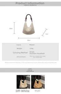 Detail showing woven texture and wooden bead handles on khaki and white beach tote bags