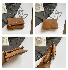 Detailed views of brown suede crossbody bag with silver studs and metal chain strap