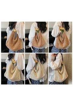 Six views of hollow-knit hobo bag with wooden bead straps and tulip decorative details