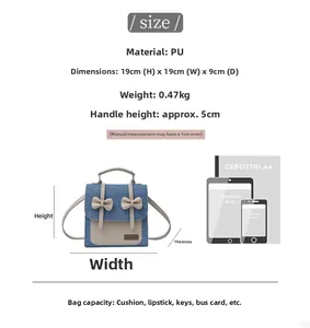 Detailed dimension chart for blue denim PU leather mini backpack showing 19x19x9cm size
