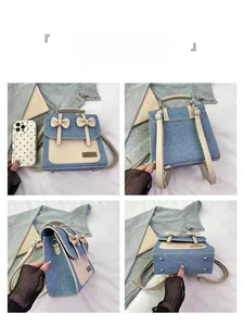 Detail shots of denim and leather backpack featuring bow accents and metal base studs