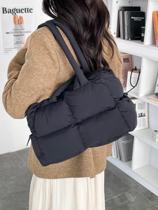 Fashionable black quilted puffer shoulder bag for women with large capacity design