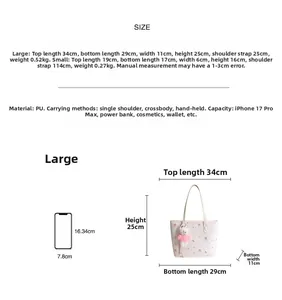 Size chart for cute cartoon tote bag showing large and small PU leather bag dimensions