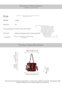 Detailed size guide and specifications for the red quilted PU leather bucket bag