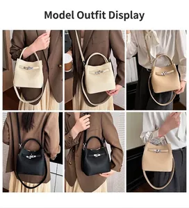 Leather bucket bag in multiple colors shown on model with shoulder strap and metal clasp