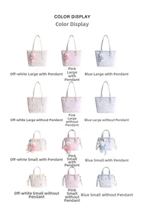 Detail view showing colorful cartoon printed tote bags and crossbody bags in various styles