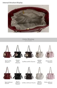 Detail view of quilted chain bucket bag interior lining and color options with charms