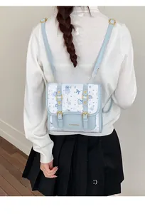 Detail of light blue and white teddy bear backpack with gold hardware and hand strap